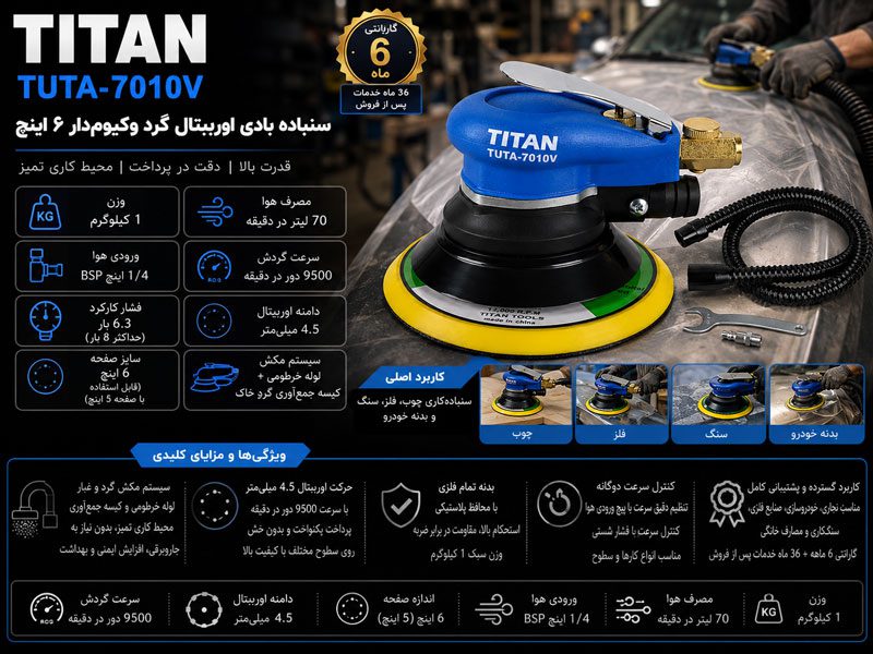 سنباده بادی اوربیتال گرد وکیوم‌دار ۶ اینچ تیتان مدل TUTA-7010V