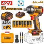 تصویر گرافیکی محصول INGCO با تاکید بر موتور براشلس و باتری قدرتمند