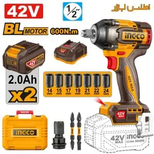 تصویر گرافیکی محصول INGCO با تاکید بر موتور براشلس و باتری قدرتمند