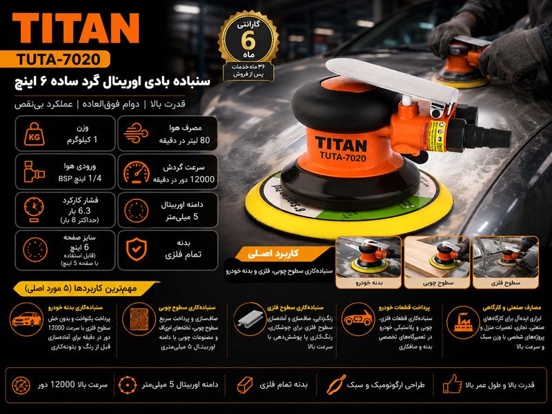 سنباده بادی اوربیتال گرد ساده ۶ اینچ تیتان مدل TUTA-7020