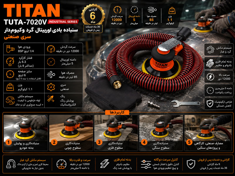سنباده بادی اوربیتال گرد وکیوم‌دار صنعتی ۶ اینچ تیتان مدل TUTA-7020V